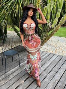 SHEIN SXY 性感网纱透视蕾丝边连衣裙 - 彩色 - 查看 6