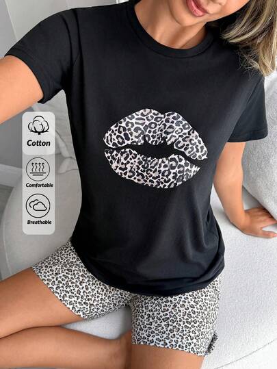 SHEIN Cotton Black Lip Leopar Pattern Round Neck Short Sleeved Shirt& Leopard Pattern Shorts Homewear Comfort Casual Women 2pcs Pajama Set