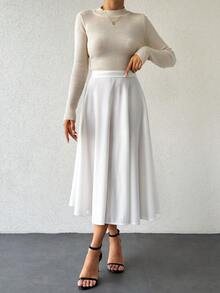 SHEIN Váy dài nữ cỡ nhỏ màu trắng trơn kiểu dáng thường ngày - trắng - Xem 4
