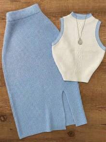 SHEIN Elenzya Bộ 2 món: Áo len cổ cao không tay phối màu thanh lịch và chân váy xẻ tà thẳng, trang phục công sở, mùa xuân/hè. - Xanh và trắng - Xem 6