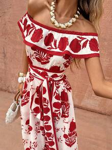 Selianne 优雅印花长裙，女士夏季度假时尚露肩腰带连衣裙，适合海滩度假 - 紅色 - 查看 1