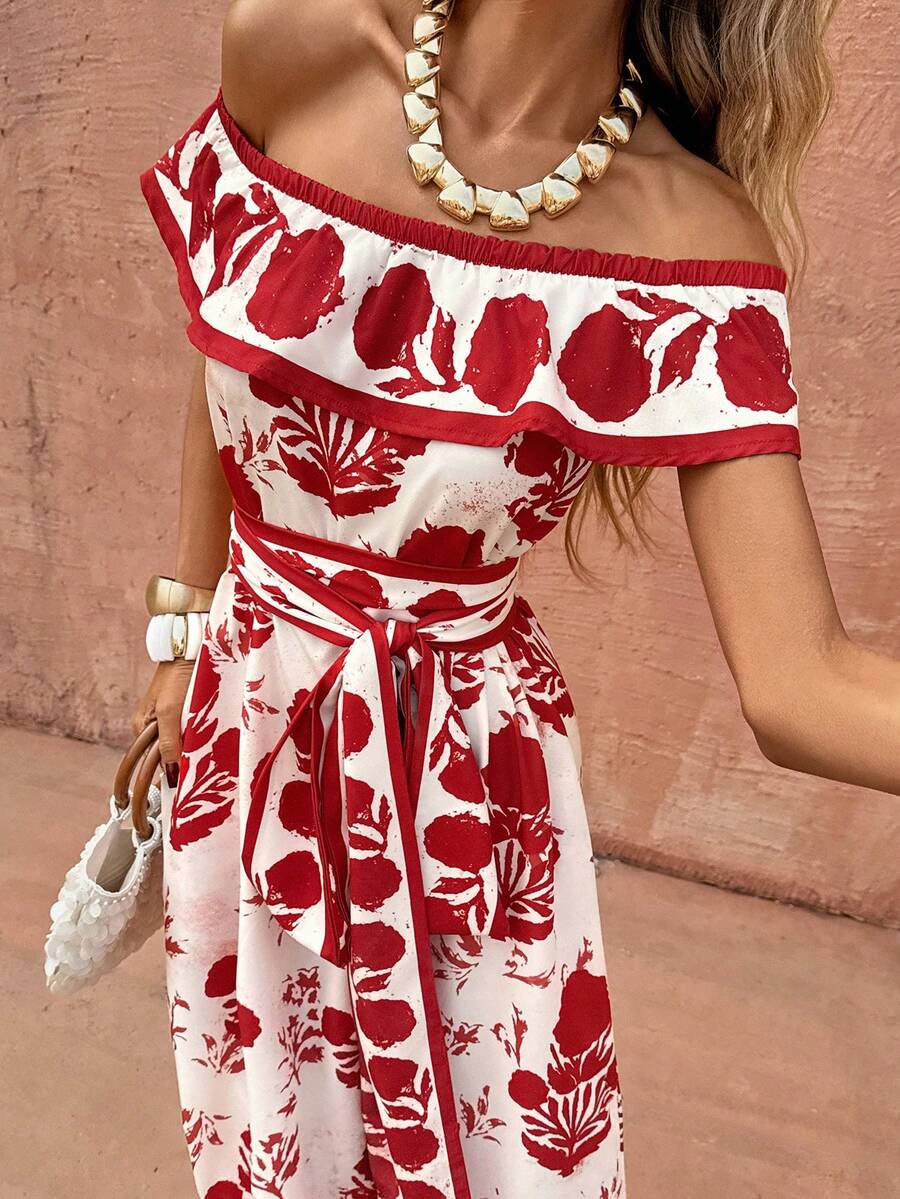 Selianne 优雅印花长裙，女士夏季度假时尚露肩腰带连衣裙，适合海滩度假 - 紅色 - 查看 1