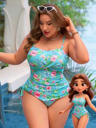 Swim Lushoire Plus Size Women 2pcs Tankini Swimwear, Random Print, Suitable For Summer Beach Vacation