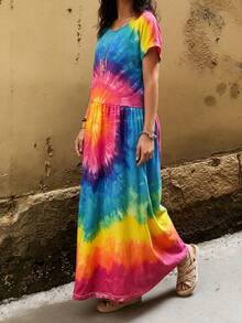 Linavere Women's Casual Tie-Dye Round Neck Loose Short Sleeve Dress, Summer - Multicolor - View 4