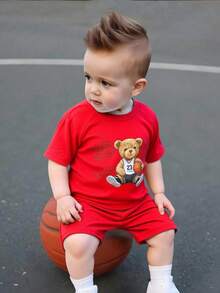 Baby Boy 2pcs/Set Casual Round Neck Short Sleeve Shorts Suit,Red,Summer,Cute,Beach,Pastel Colors For Kids,Bikercore,Family Trip,I Love Mommy & Daddy - Red - View 3