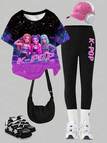 New SS26 Fashion Tween Girl 2pcs Set, Casual Stylish Spring/Summer T-Shirt & Leggings Outfit, Cartoon Character Graphic Tee & Tight Black Pants, Lightweight & Comfortable, Fashionable Casual Suit - Multicolor - View 2