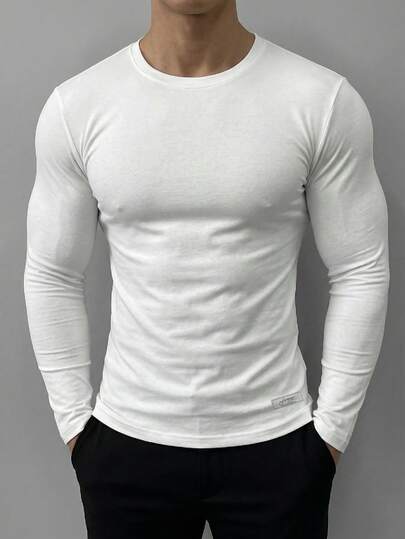 SWAVVY 男士纯色圆领长袖T恤，适合日常穿着