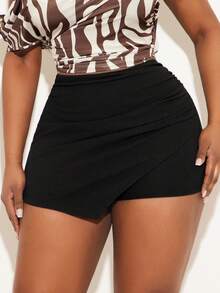 Radiana Plus Size Women's Solid Color Fitted Asymmetrical Hem Fashionable Versatile Shorts,Urban,Sexy Office Siren Coquettish,Versatile,Cruise Attire,Commuting,Business,Retro,Vintage,Party,Resort,Outing,Old Money,Richly Layered,Date Night,Gathering,Minimalism,Birthday,Formal Event,Gyaru,Ibiza,Nashville,Break,Modest,Chic,Casul,Shopping, Streetwear,Going Out,Coquette,Accent Your Body,Flatter The Figure - Black - View 4