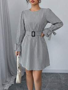 EURMUSE Striped Print Knot Cuff Belted Dress - Black - View 5