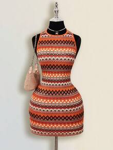 SHEIN ICON 女士外出度假波西米亚风礼服，适合舞会、科切拉音乐节、海滩度假、辣妹风条纹圆领露背无袖性感迷你连衣裙，夏季 - 橘色 - 查看 2