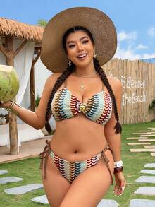 Swim Vcay Multicolor Striped Knitted Plus Size Bikini With Bandeau Top And Tie Side Bottom - Multicolor - View 6