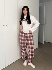 Hitanina Women's Casual Daily Home Christmas Solid Color Round Neck Long Sleeve Bow Print & Red Plaid Drawstring Pants 2-Piece Pajama Set, Autumn/Winter - Red and White - View 6