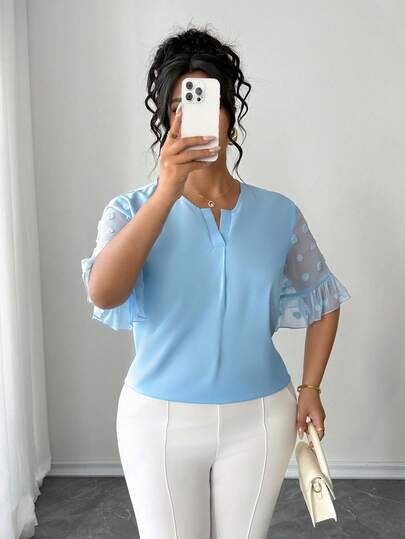 Elenzga Áo kiểu nữ cỡ lớn màu xanh nhạt cổ chữ V tay bồng trang trí họa tiết bong bóng, thích hợp mặc đi học/đi làm hàng ngày, đi mua sắm, gặp gỡ bạn bè, sinh hoạt trường học, hẹn hò thường ngày, đi quán cà phê.