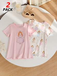 2pcs/Set Cute Little Fairy Pattern Baby Girls' Sleepwear, Ruffle Trim Nightgown - Multicolor - View 5