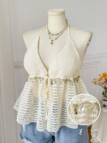 Comfortcana Plus Size Women's Knit Spring/Summer Fashion Sexy Tie-Front Cardigan With Shell Decor, Casual Solid Color Vacation Style Top - Apricot - View 1