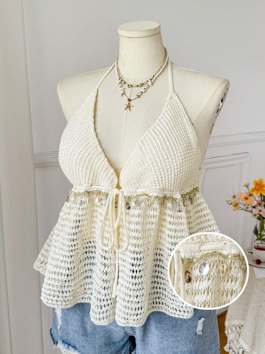 Comfortcana Plus Size Women's Knit Spring/Summer Fashion Sexy Tie-Front Cardigan With Shell Decor, Casual Solid Color Vacation Style Top - Apricot - View 1