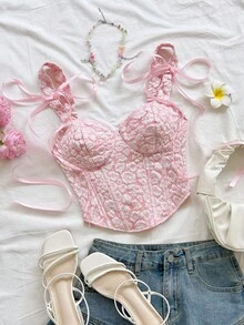 Soleia 女士花卉提花系带时尚优雅吊带衫 - 粉色 - 查看 1