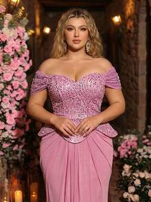 Glamrae Đầm maxi dáng đuôi cá màu hồng sen thanh lịch, lãng mạn, trễ vai, xuyên thấu, viền xương cá, phù hợp cho hẹn hò, kỳ nghỉ, tiệc độc thân, đám cưới, tựu trường và mọi dịp trang trọng. - Hồng - Xem 6
