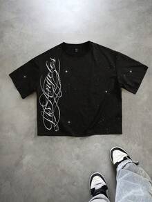 ROMWE MEN Men's Loose Fit Shiny Sequin Printed Short Sleeve T-Shirt Spring/Summer - Black - View 1