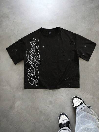 Herren Loose Fit Glänzende Pailletten bedrucktes Kurzarm T-Shirt