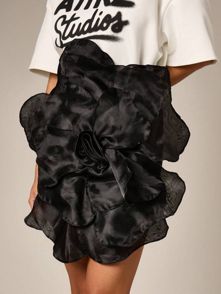 Women's Black Satin Organza Flower Multiway Top Or Mini Skirt Ruffle Hem Detail Tie Waist Evening Party  Dressy Elegant Short Feminine