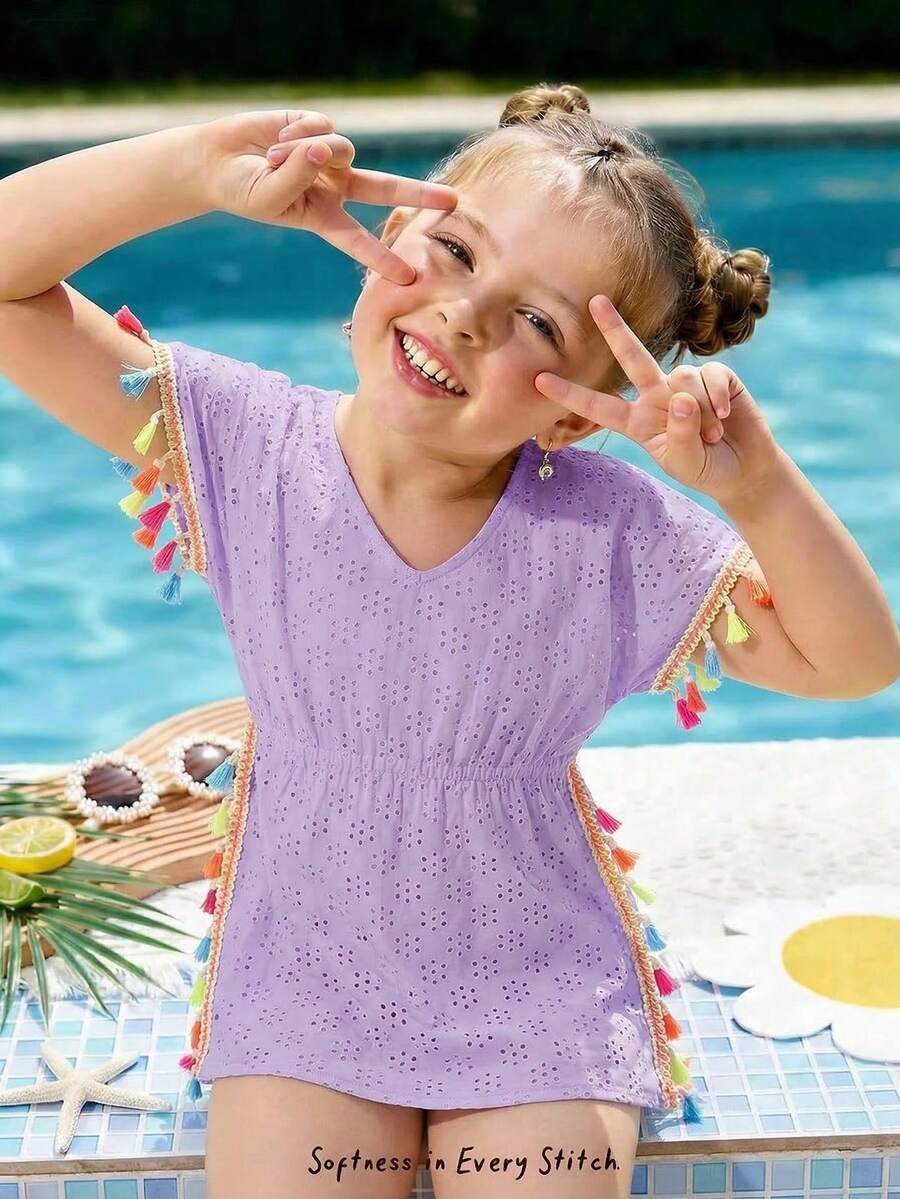 女童白色钩针网纱罩衫，适合夏季、海滩、度假穿着 - 淡紫色 - 查看 1