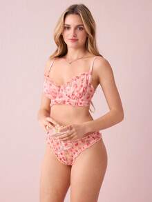 Bonmuse 2 件套女士性感内衣：粉色牡丹印花网眼褶皱钢圈性感文胸搭配褶皱丁字裤性感内裤，可爱 - 粉色 - 查看 6