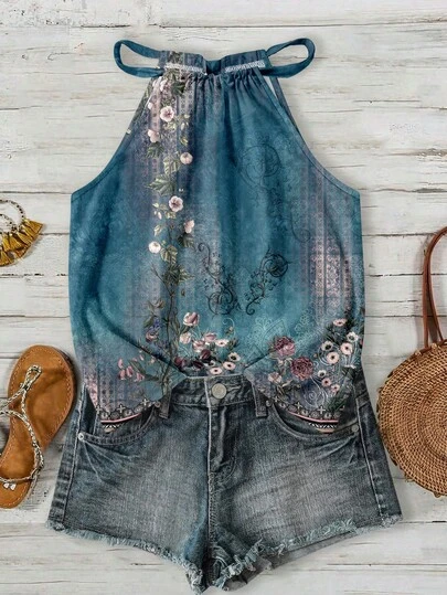 SHEIN LUNE Women's Halter Neck Camisole, Suitable For Spring And Summer, Featuring All-Over Vintage Floral Pattern