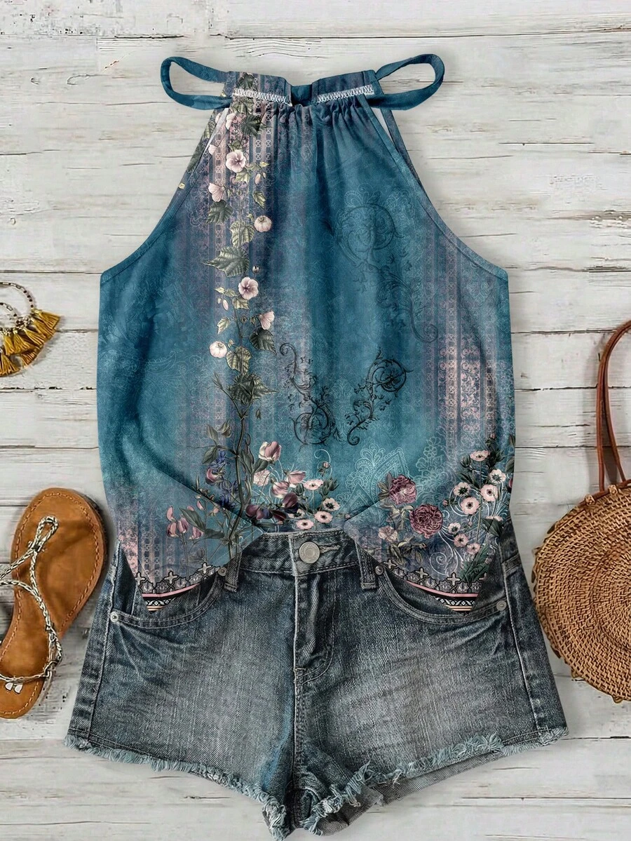 SHEIN LUNE Women's Halter Neck Camisole, Suitable For Spring And Summer, Featuring All-Over Vintage Floral Pattern,Summer Top - Multicolor - View 1
