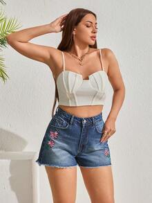 SHEIN Women High-Rise Flower Embroidered Frayed Hem Washed Detail Denim Short - Blue - View 5