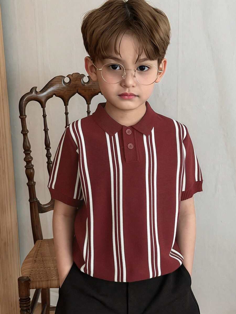 DAZY Young Boy Striped Polo Collar Short Sleeve Casual Sweater Summer - Brown - View 1