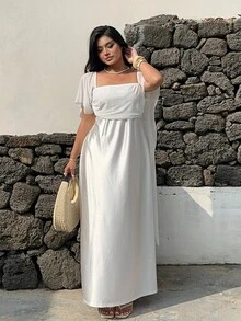 Sunnyshic Plus Size Women's Casual Vacation Dress With Spaghetti Straps And Flowy Hem - White - View 2