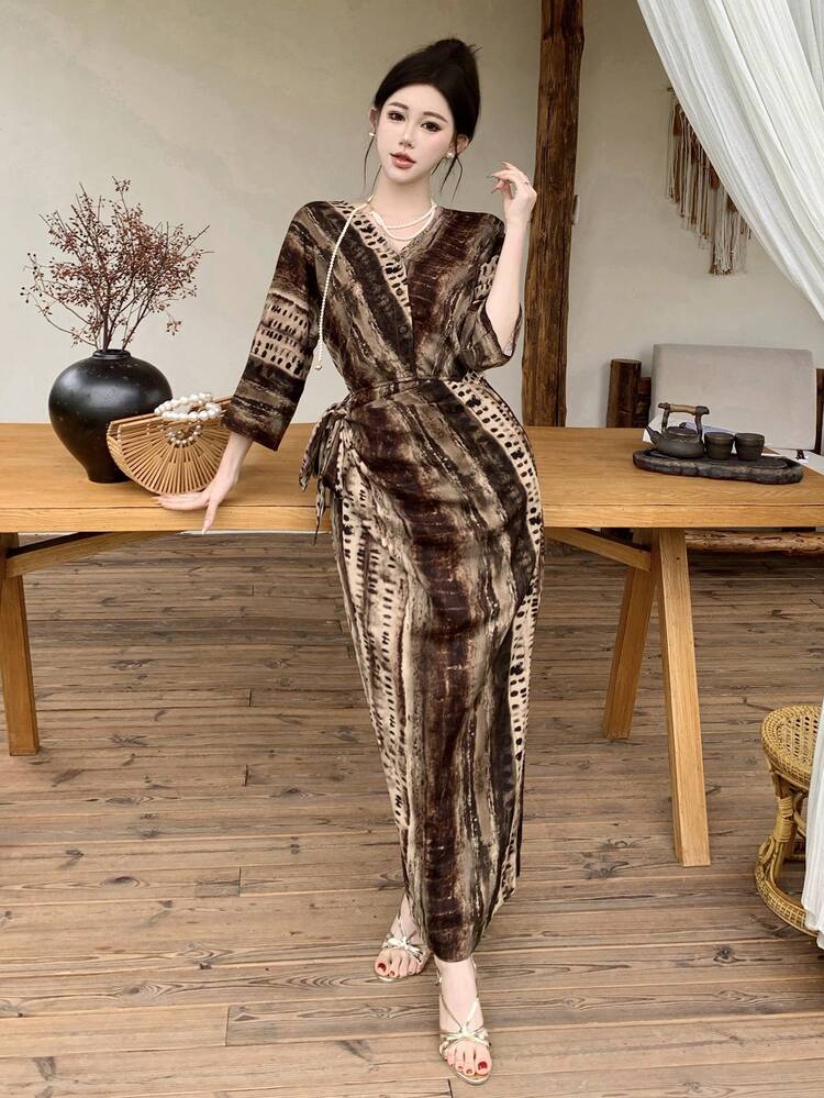 Women's All-Over Print V-Neck Split Casual Vacation Mid-Length Dress Sundress Summer