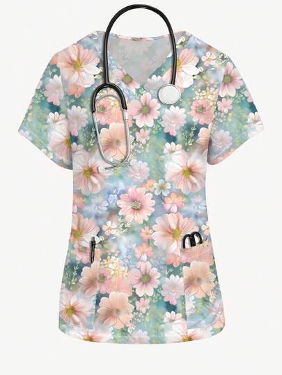 PopScrub Top de uniforme de enfermera con estampado de patrón de flores en acuarela, cuello en V, manga corta, uniforme de enfermería para mujeres, adecuado para vacaciones, días festivos y uso diario, primavera/verano