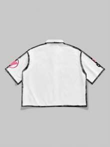 ROMWE MEN Street Life Men's Summer Portrait Graphic Front Button Short Sleeve Shirt - Multicolor - View 2