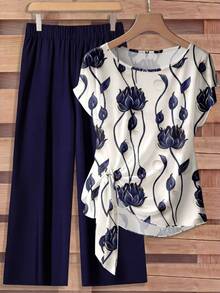 Rusticease Conjunto de 2 piezas casual de blusa con lazo y pantalón de pierna recta para mujer - Multicolor - Ver 1