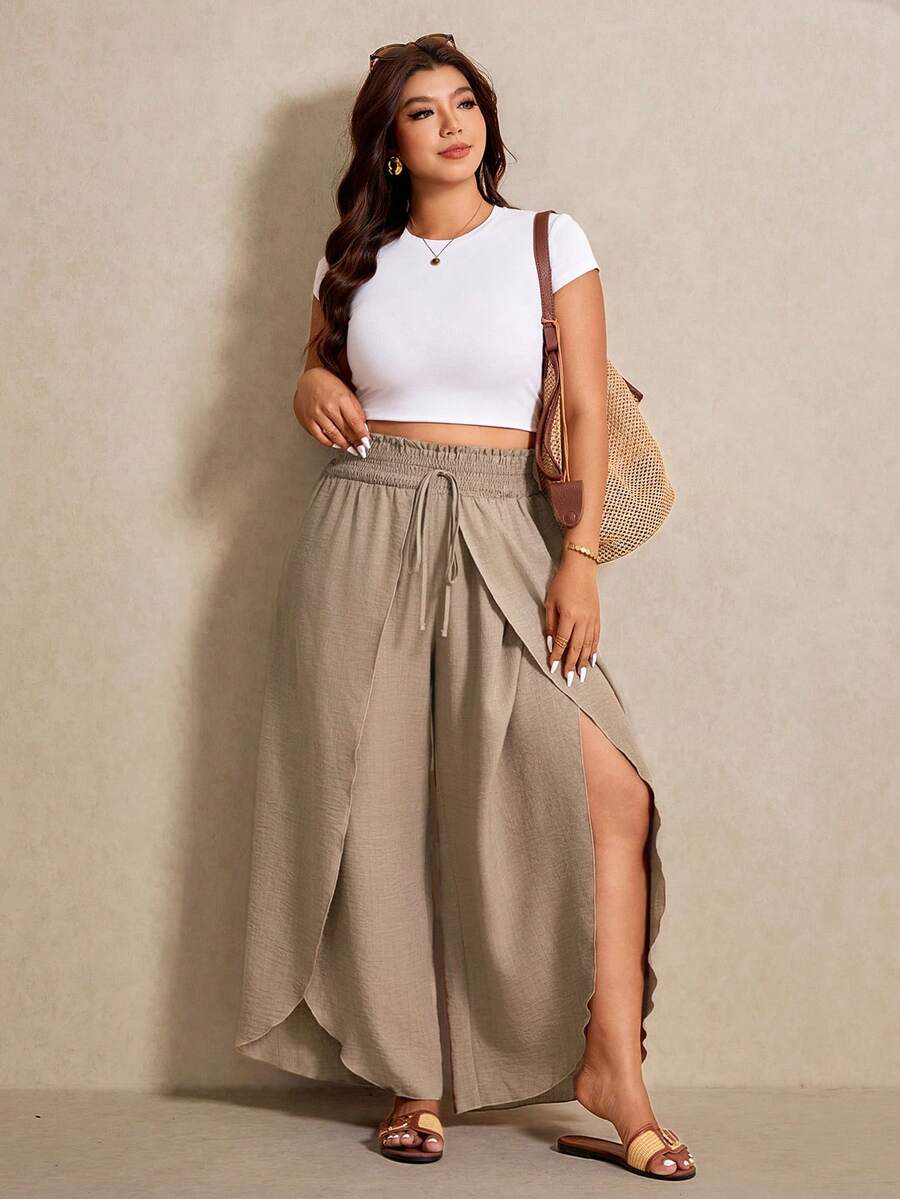 Elaquor Plus Size Women Solid Color Waist Tie Loose Leg Pants For Vacation - Khaki - View 1