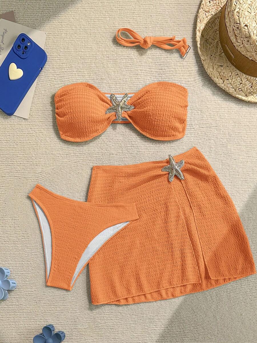 Soleia Bộ bikini quây 3 món bằng vải dệt họa tiết kèm váy ngắn. - trái cam - Xem 1