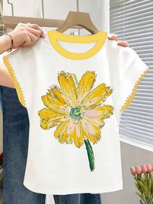 Resyla Camiseta de mujer de cuello redondo, suelta y casual, con estampado de patchwork y bloques de color - Multicolor - Ver 4