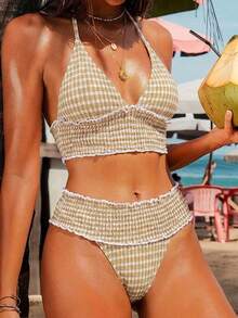 Swim Mod Plaid Crochet Cute Beach Vacation Women Swimsuit Set Women Summer Outfits 2 Piece Women Vacation Outfit Sets Women Two Piece Beach Outfits For Woman 2 Piece Holiday Outfits For Women Bikini Women Two Piece Outfit Womens Summer Co Ord Summer Two Piece - Khaki - View 2