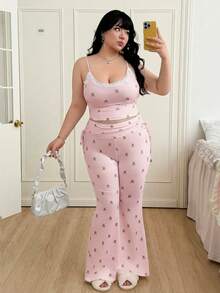 CovetEZ Bộ đồ 2 món màu hồng cỡ lớn, kiểu dáng thường ngày, hình gấu dễ thương: áo hai dây và quần ống loe. - Hồng - Xem 4