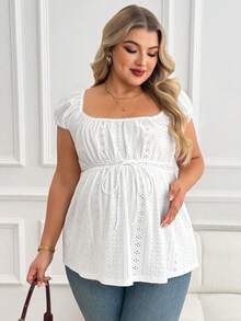 Plussiva Maternity Plus Size Solid Color Hollow-Out Textured Top - White - View 1