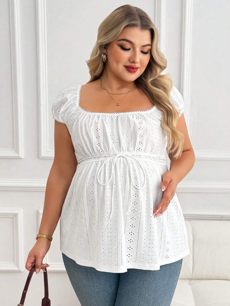 Plussiva Maternity Plus Size Solid Color Hollow-Out Textured Top - White - View 1
