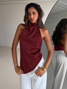 Aloruh Top rojo de cuello halter para mujer, elegante para ir al trabajo, vacaciones, con espalda sexy - Burdeos - Ver 4