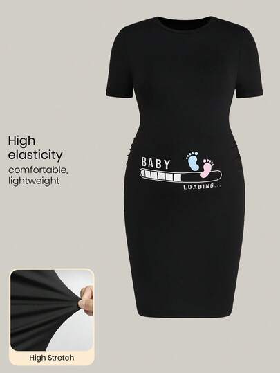 Modmama Đầm thường ngày cổ tròn in chữ và dấu chân dành cho bà bầu