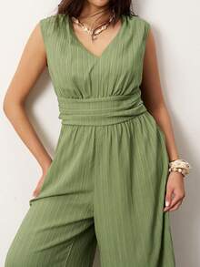Enliva Women's Solid Deep V-Neck Ruched Sleeveless Jumpsuit Summer Green Casual,Friendly To Round Body Curves - Green - View 5