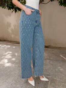 Bris Aura 闪耀派对新款女士情人节/母亲节镶钻直筒牛仔裤 - 藍色 - 查看 6