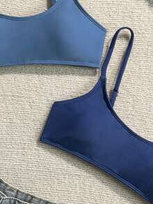 Swim Basics 2 pièces Top de bikini à bretelles fines de couleur unie pour femmes, printemps/été - Multicolore - Voir 3