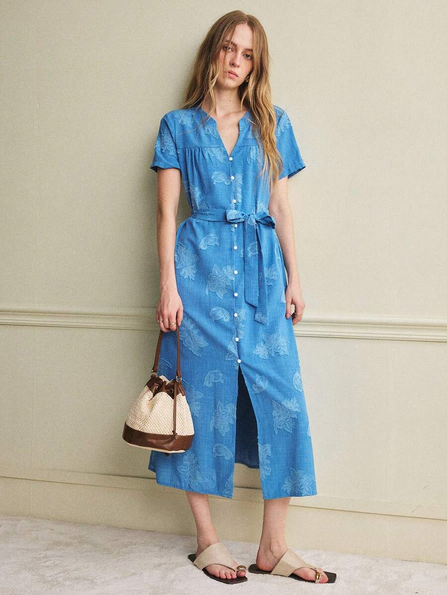 Écloséra Summer Fashion Elegant French Retro Blue Dress, Loose Cut-Out Design With Waist Tie Short-Sleeve Women's Spring-Summer Dress, Women's Beach Vacation Outfit, Ladies' Holiday Wear. - Blue - View 1