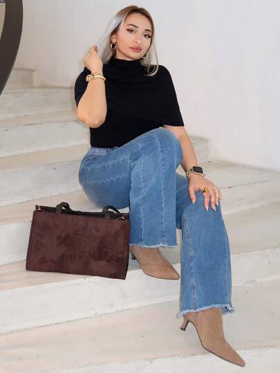 salliqueen Áo len quấn cổ lọ màu trơn thanh lịch dành cho nữ